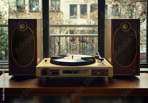 A vintage turntable with two large speakers, placed on an old wooden table in the foreground. photo