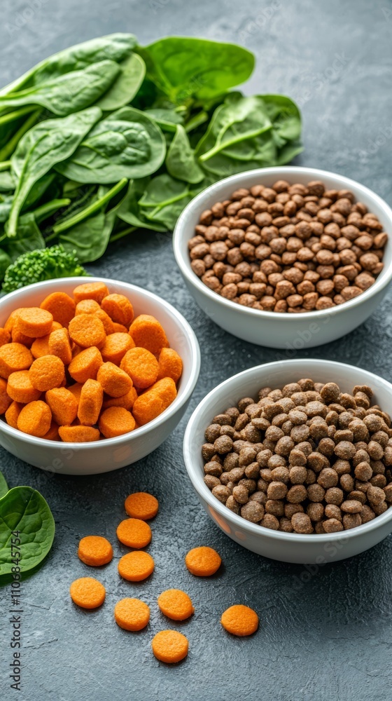 A vibrant display of healthy pet food ingredients, featuring spinach, and two types of kibble in bowls, emphasizing nutrition and pet care. A vibrant display of healthy pet food ingredients, featuring spinach, and two types of kibble in bowls, emphasizing nutrition and pet care.