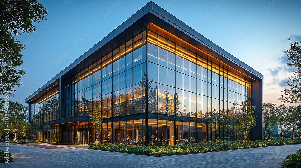 A modern office building with glass windows and trees outside, bathed in sunlight beneath a clear blue sky A modern office building with glass windows and trees outside, bathed in sunlight beneath a clear blue sky