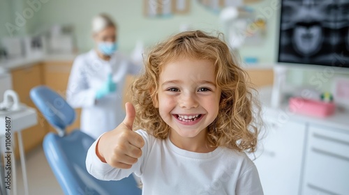 Smiling child giving a thumbs-up in a bright dental clinic, dentist in the background, symbolizing positive dental care experience