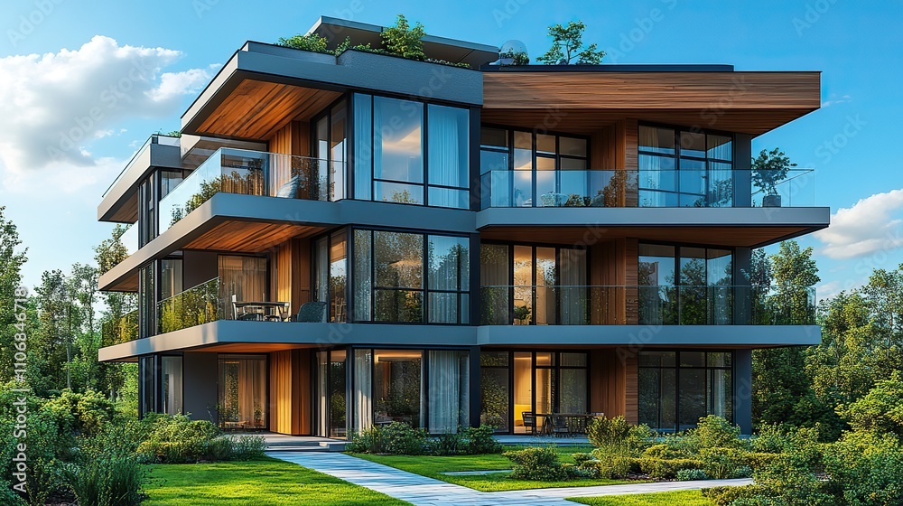A modern residential apartment building with many floors and large windows A modern residential apartment building with many floors and large windows