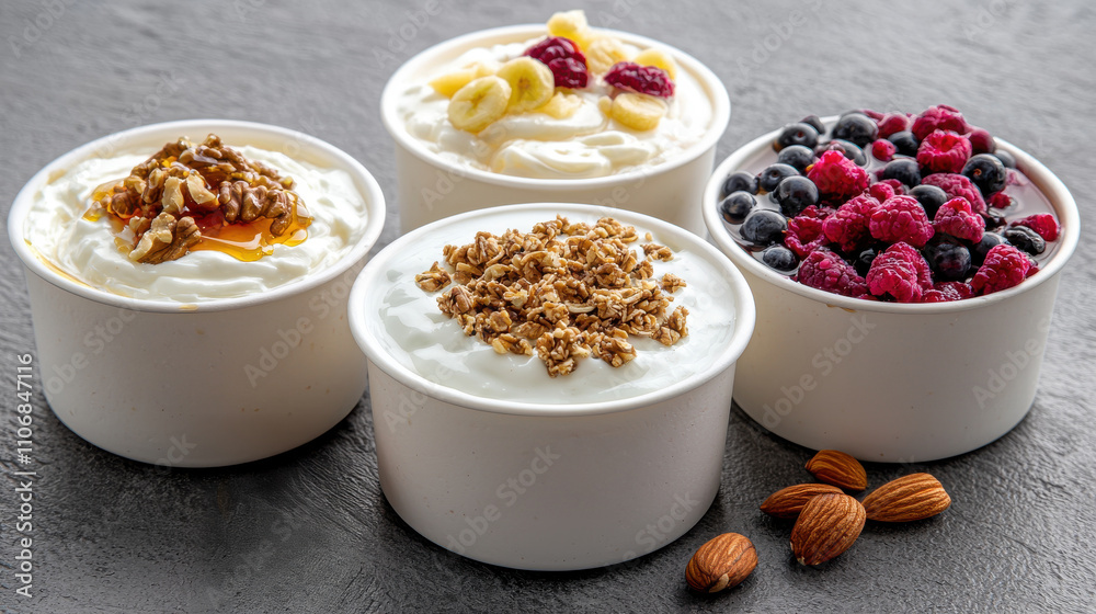 Getting the kids ready for school concept, Four bowls of yogurt topped with various fruits, nuts, and granola, displayed on a textured surface. Getting the kids ready for school concept, Four bowls of yogurt topped with various fruits, nuts, and granola, displayed on a textured surface.