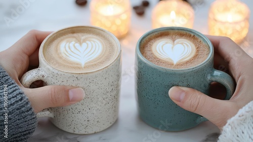 Artistic close-up of hands holding coffee mugs mid-dialogue, cozy and intimate ambiance, representing connection and warmth photo