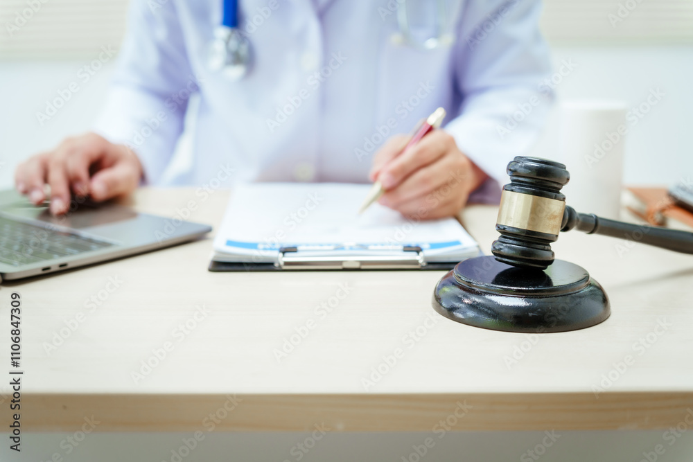 A male doctor sits at a desk, holding a signature pen, discussing medical law. This law safeguards patients and medical institutions during examinations and treatments, ensuring ethical healthcare A male doctor sits at a desk, holding a signature pen, discussing medical law. This law safeguards patients and medical institutions during examinations and treatments, ensuring ethical healthcare