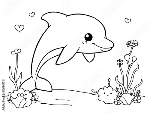 Adorable Hand-Drawn Dolphin Coloring Page: Ocean Scene with Flowers. AI Generated photo