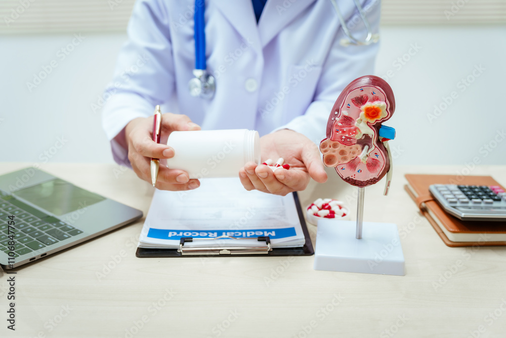 Fototapeta premium A male doctor sits at a desk in a hospital, explaining kidney models and symptoms of kidney disease, focusing on acute and chronic renal failure. Early detection supports effective treatment