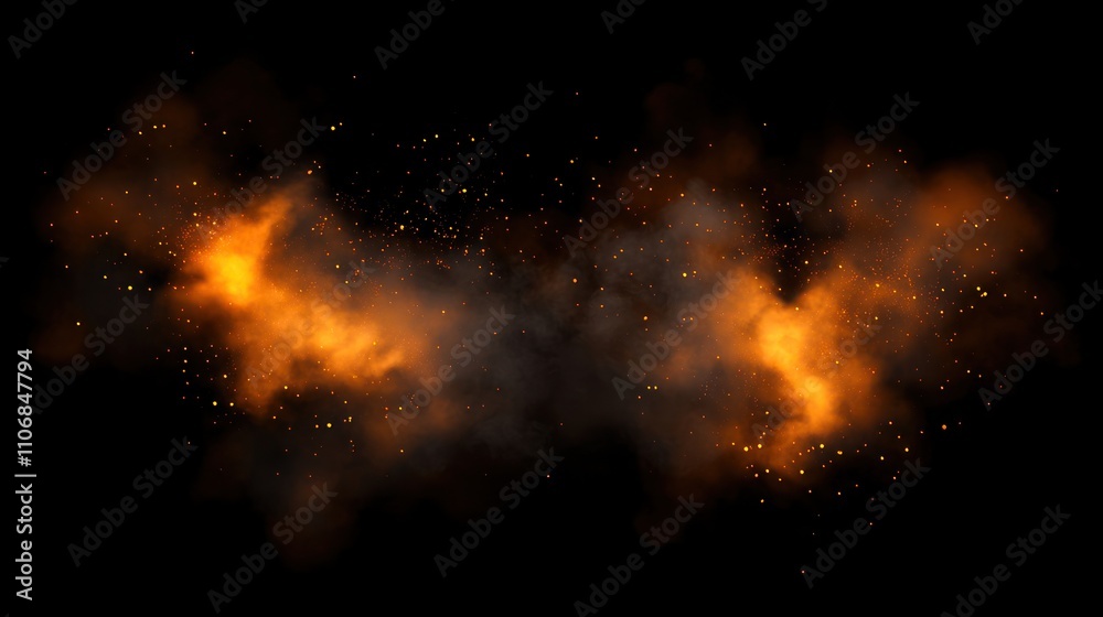 Explosion of orange smoke and sparks on a dark background Explosion of orange smoke and sparks on a dark background
