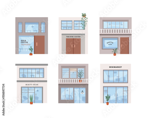 Store building illustration. Minimarket building. Caffe building. Beauty salon. Building architecture. 