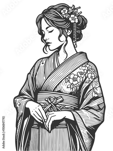 geisha in a floral-patterned kimono, asian woman sketch engraving generative ai fictional character vector illustration. Scratch board imitation. Black and white image.