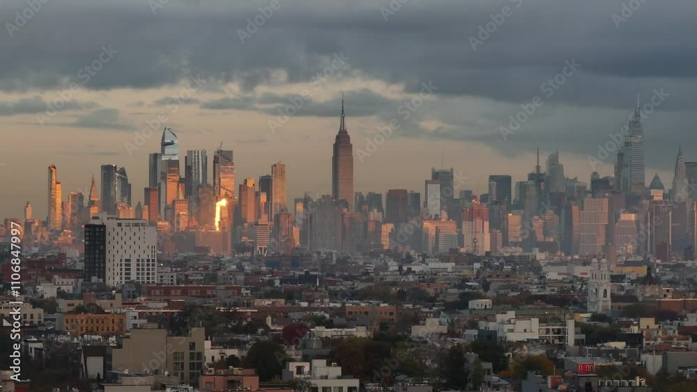 Aerial view of the New York City skyline at sunrise Aerial view of the New York City skyline at sunrise