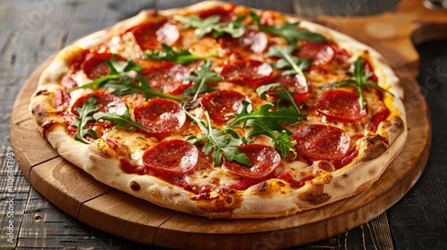 Pepperoni and Mozzarella Pizza with Salami, Tomato Sauce, Arugula, Spices on Dark Background