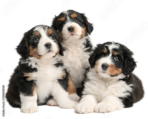 Bernedoodle puppies isolated on white background. Bernedoodle puppies sitting and looking at camera on white background