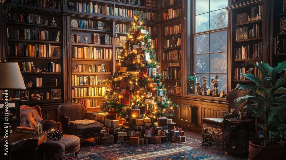 Artistic book tree in cozy study, surrounded by vintage furniture, soft warm lighting, inviting and creative, holiday celebration in home library Artistic book tree in cozy study, surrounded by vintage furniture, soft warm lighting, inviting and creative, holiday celebration in home library