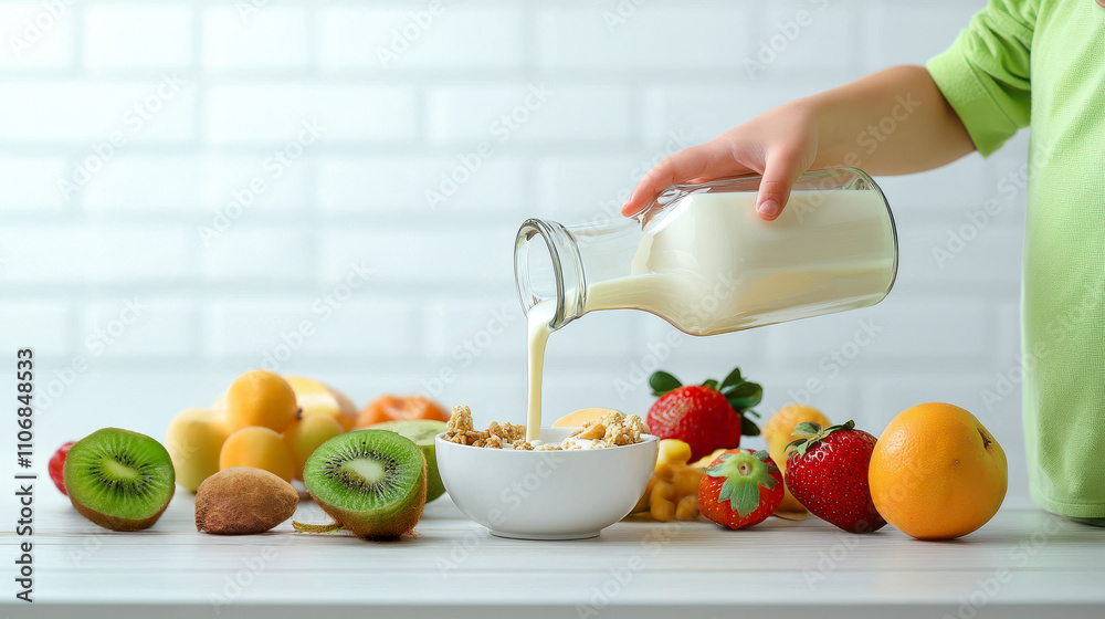 Getting the kids ready for school concept, A child pours milk over cereal surrounded by fresh fruits on a bright kitchen table. Getting the kids ready for school concept, A child pours milk over cereal surrounded by fresh fruits on a bright kitchen table.