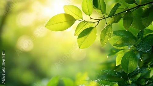 Vibrant green leaves with soft sunlight streaming through, droplets glistening, isolated in a lush garden setting, fresh and peaceful atmosphere