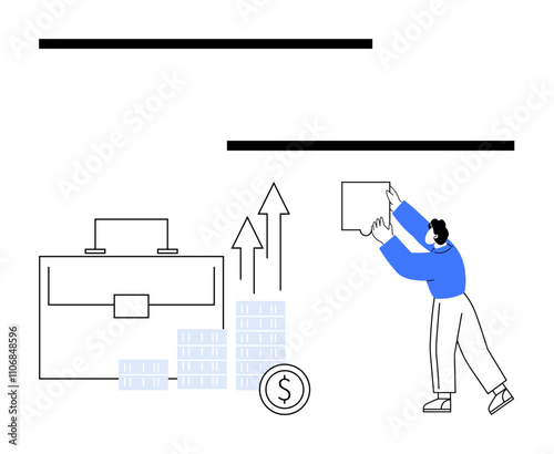Businessperson arranging chart, briefcase, currency coin, stacked coins, upward graphs. Ideal for financial planning, investment strategy, economic growth, profit maximization market analysis data