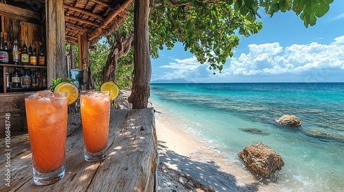 A panoramic image showcases colorful cocktails and tropical drinks on a sunny beach with a clear blue ocean