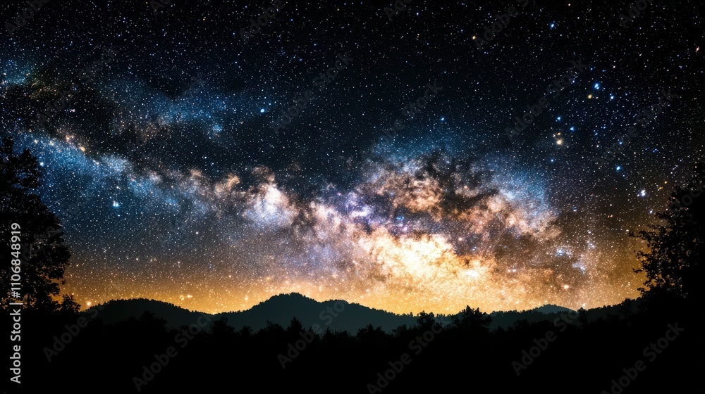 Naklejka premium Majestic Milky Way Galaxy Over Silhouetted Mountains at Night