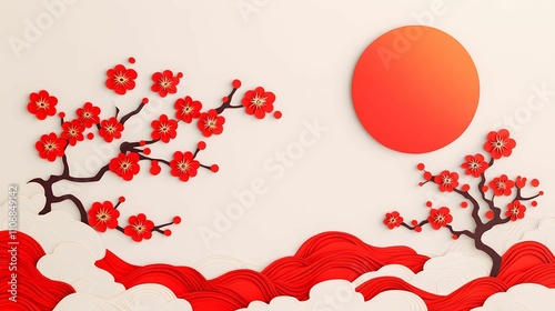 A vibrant depiction of cherry blossoms with a large sun, symbolizing beauty and tranquility in nature.