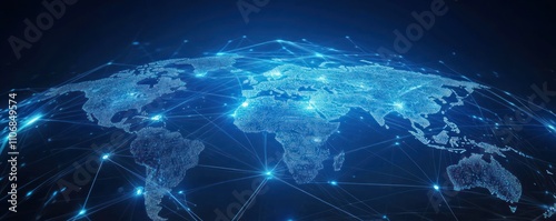 Digital world map with blue illuminated lines and dots on dark background