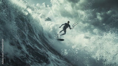 Man kiteboarding over waves, dramatic angle, powerful movement, water splashes, adventurous and thrilling, strong and dynamic, adrenaline-filled sport in action