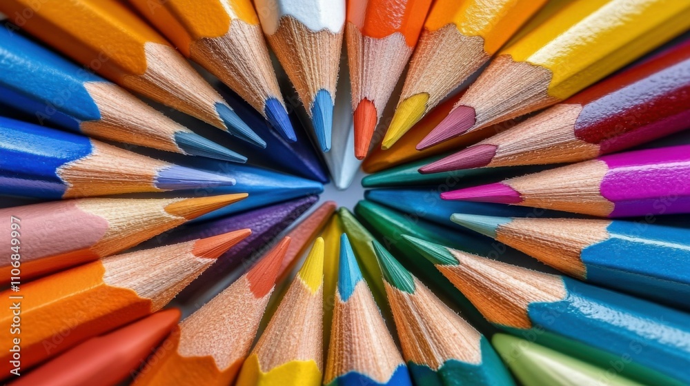 Brightly colored pencils arranged in a pattern, focus on tips and vibrant hues, concept of creativity, design, and artistic inspiration, playful mood. Brightly colored pencils arranged in a pattern, focus on tips and vibrant hues, concept of creativity, design, and artistic inspiration, playful mood.
