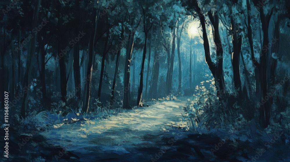 Moonlit forest with dark trees casting long shadows, eerie and quiet vibe, faint glow in distance, mysterious and haunting, atmosphere of suspense and magic Moonlit forest with dark trees casting long shadows, eerie and quiet vibe, faint glow in distance, mysterious and haunting, atmosphere of suspense and magic