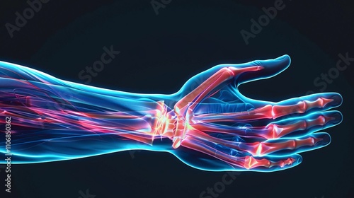 Digital X ray Scan Image Showing the Intricate Skeletal Structure and Bone Anatomy of the Human Wrist and Hand Medical Diagnostic Imaging for Orthopedic Examination Treatment and Healthcare Purposes