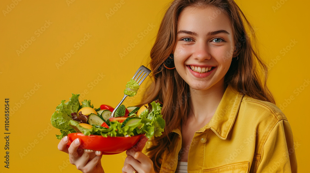 Smiling Woman Enjoying a Fresh and Colorful Salad in a Vibrant Setting
Smiling Woman Enjoying a Fresh and Colorful Salad in a Vibrant Setting