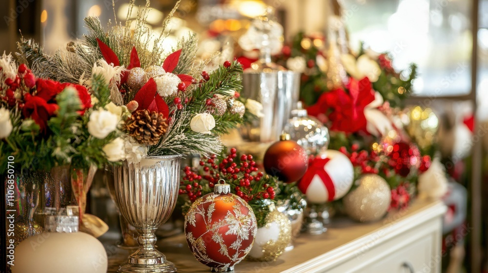 Wide shot of several decorative centerpieces displayed on a table, each with different holiday elements like ornaments, ribbons, and flowers. Wide shot of several decorative centerpieces displayed on a table, each with different holiday elements like ornaments, ribbons, and flowers.