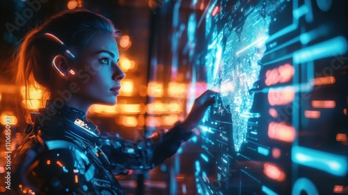 Woman in futuristic armor looking at a digital map projected in mid-air, neon lights around, intense gaze, sci-fi tech warrior, dark and high-tech setting