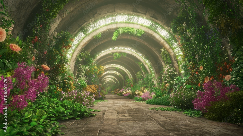 Fototapeta premium Beneath the Surface Beauty: 3D Render of Vibrant Underground Garden with Colorful Flora and Thriving Agriculture in Climate-Controlled Environment