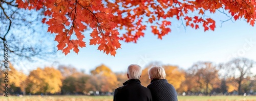 Elderly couple in a park, evaluating health trends with demographic focus on aging populations photo