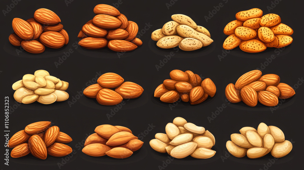 Nuts and Healthy Snack Illustrations: Almonds, Peanuts, and More Nuts and Healthy Snack Illustrations: Almonds, Peanuts, and More