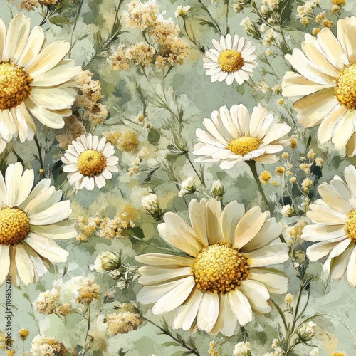 Vintage Marigolds and Chamomile on Sage Green photo