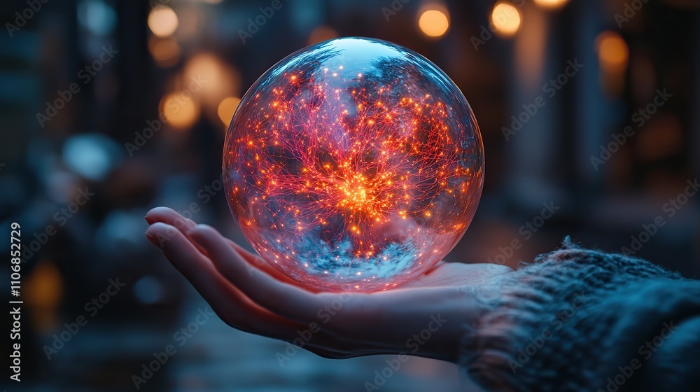 Fototapeta premium A person holds a neural network sphere with colorful lines and nodes, highlighted against a dark background