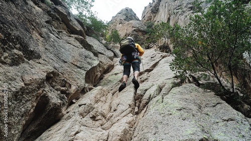 A mountain climber ascending a steep rock face, demonstrating strength and perseverance