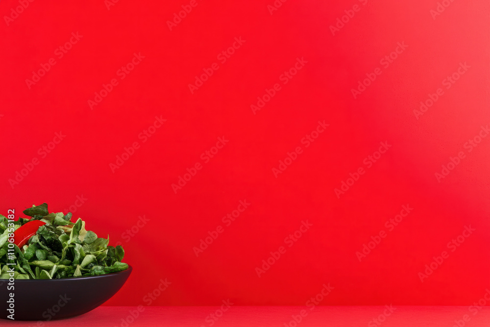 A bowl of salad sits on a red background A bowl of salad sits on a red background