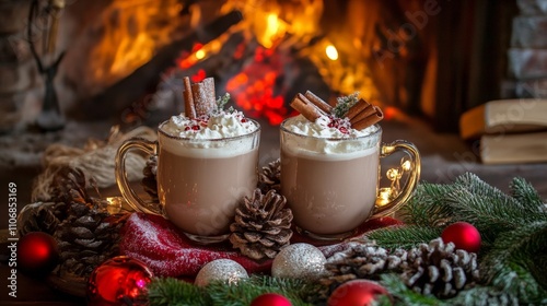 A New Year Eve toast by the fireplace, with hot chocolate and festive decorations photo