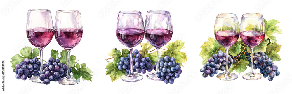 Elegant Wine Glasses with Grapes and Green Leaves Isolated on transparent background Elegant Wine Glasses with Grapes and Green Leaves Isolated on transparent background
