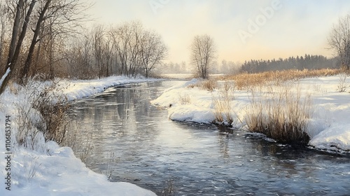 A peaceful winter river with snow-covered banks and gentle ripples