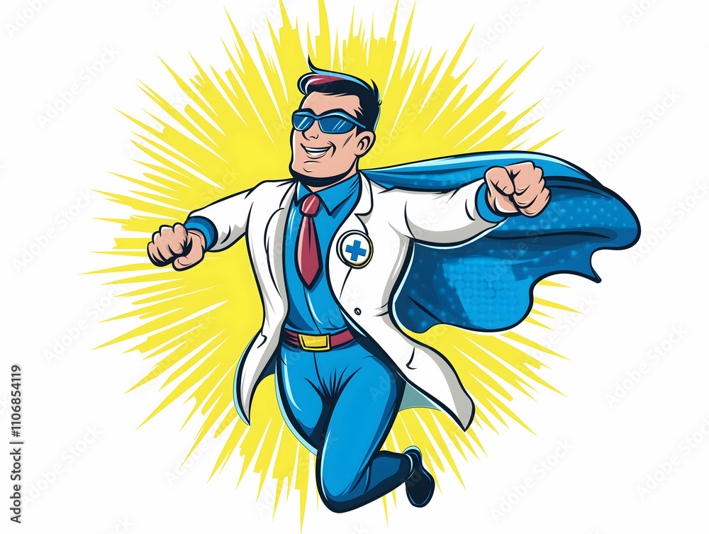 A confident superhero in a lab coat and cape, soaring through the air with a determined expression, symbolizing science and heroism. A confident superhero in a lab coat and cape, soaring through the air with a determined expression, symbolizing science and heroism.