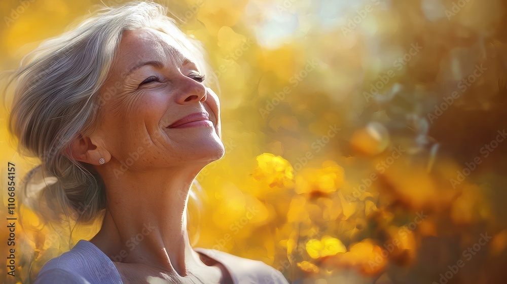 Fototapeta premium Portrait of happy mature woman enjoying wonderful sunny day in nature