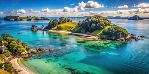 Vintage Style Photography of Saddle Island in Hauraki Gulf with Exposed Reefs and Blue Waters During Low Tide photo