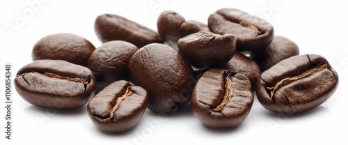 A collection of roasted coffee beans on a white background.