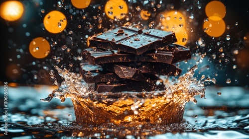 Dark chocolate pieces in water splash, with bokeh background. photo