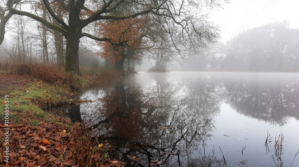 Naklejka premium A quiet New Year Day reflection by a lake with mist and tranquility