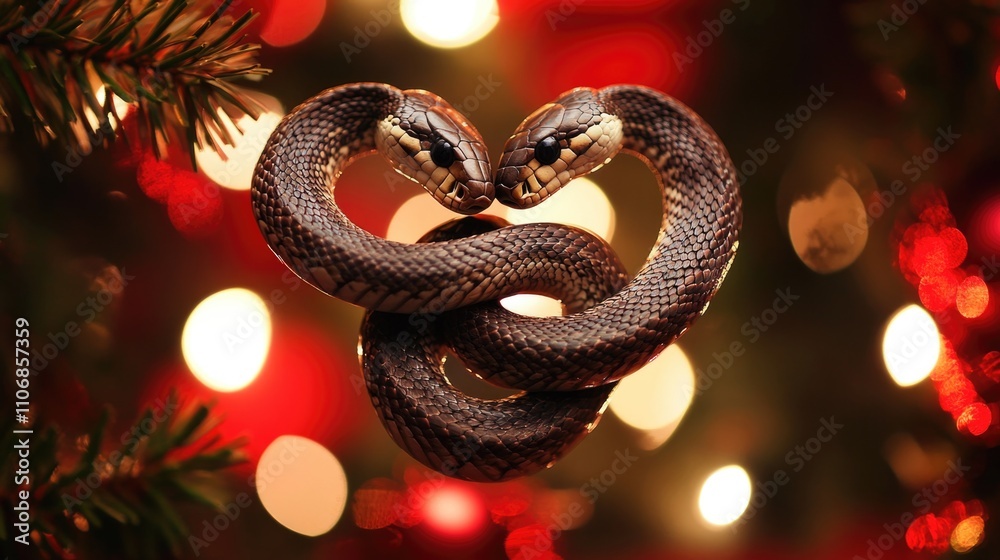 Two snakes intertwined in a heart shape against a blurred christmas background . Symbol 2025 new year Two snakes intertwined in a heart shape against a blurred christmas background . Symbol 2025 new year