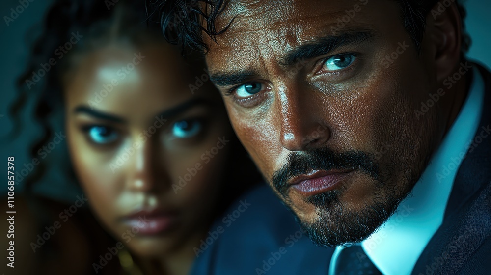 Detailed close-up shot of a stylish businessman and businesswoman, focus on his intense eyes and sharp jawline, rich texture of his tailored suit Detailed close-up shot of a stylish businessman and businesswoman, focus on his intense eyes and sharp jawline, rich texture of his tailored suit