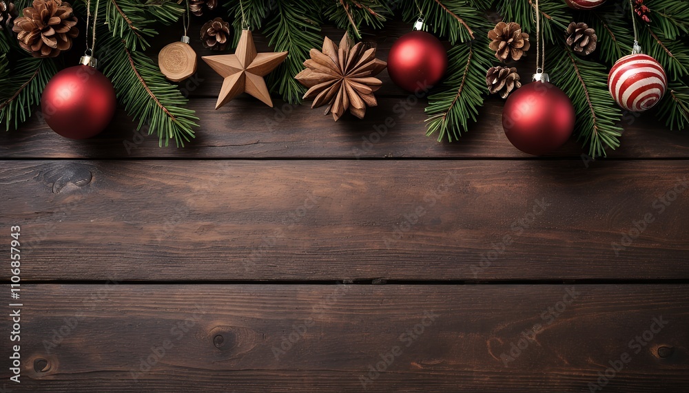 Rustic Christmas Background: Festive Decorations on Dark Wooden Boards Rustic Christmas Background: Festive Decorations on Dark Wooden Boards